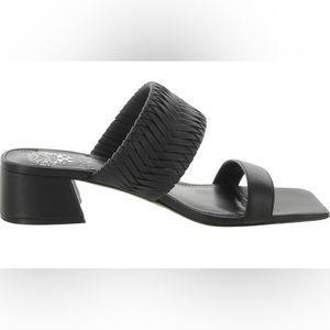 Vince Camuto Shamira Black Leather Woven Block Heel Sandals NEW Womens MSRP $99